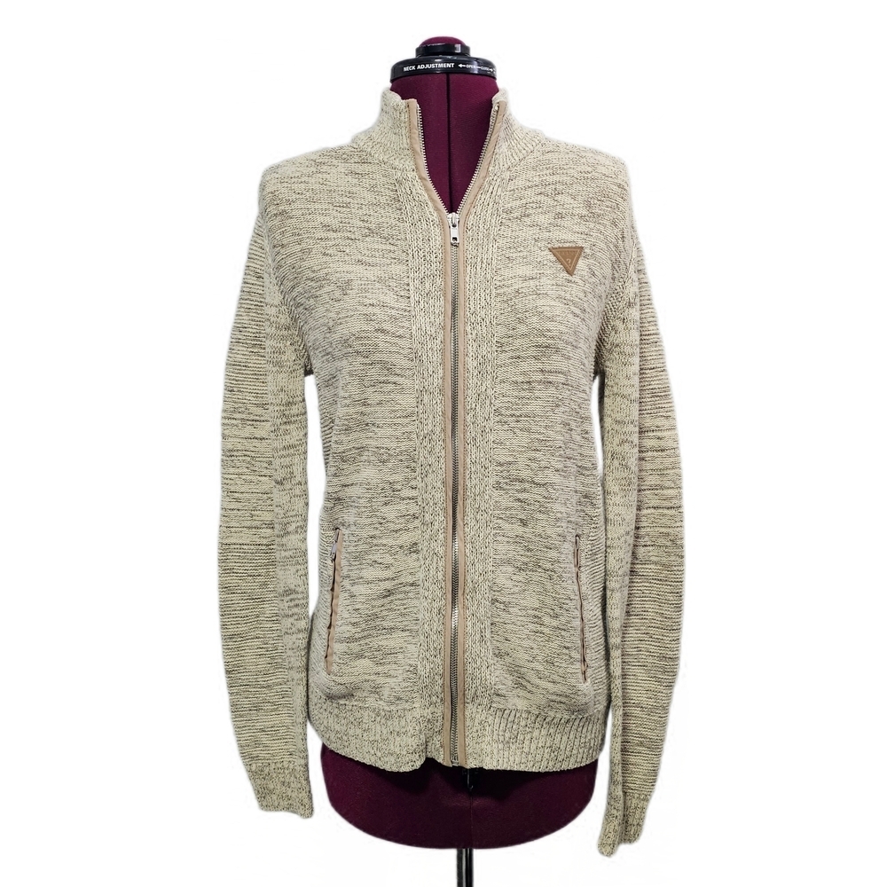 Guess Beige Marbled Zip Up Mock Neck Sweater Men